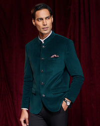 Velvetine Bandhgala Jacket - Green