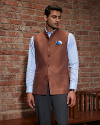 The Verona Linen Nehru Jacket - Rust Brown