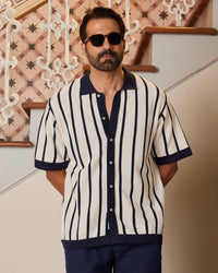 Navy & White Striped Flat Knit Shirt